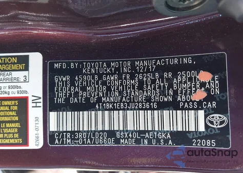 2018 Toyota Avalon Xle from USA, damaged, VIN 4T1BK1EB3JU283616